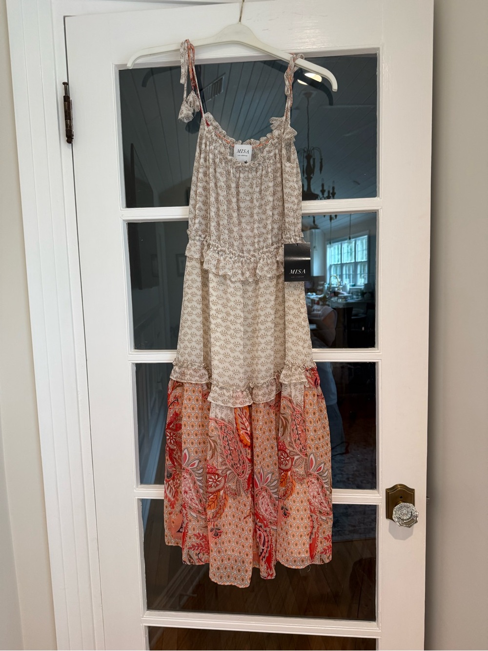 MISA Los Angeles Cream Coral Paisley Mixed Print Tiered Boho Midi Dress NWT XS